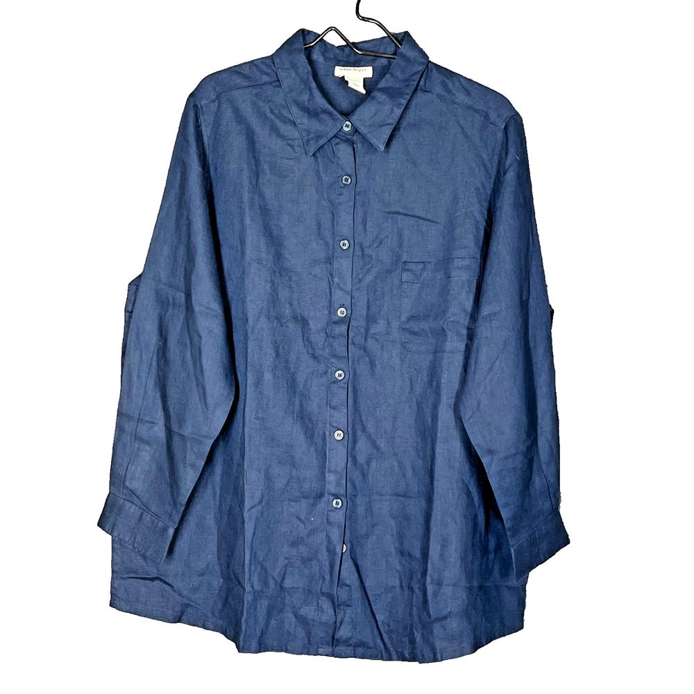 Bridgewater Studio Linen Shirt Womens 1X Blue Button Up Breathable Coastal Comfy